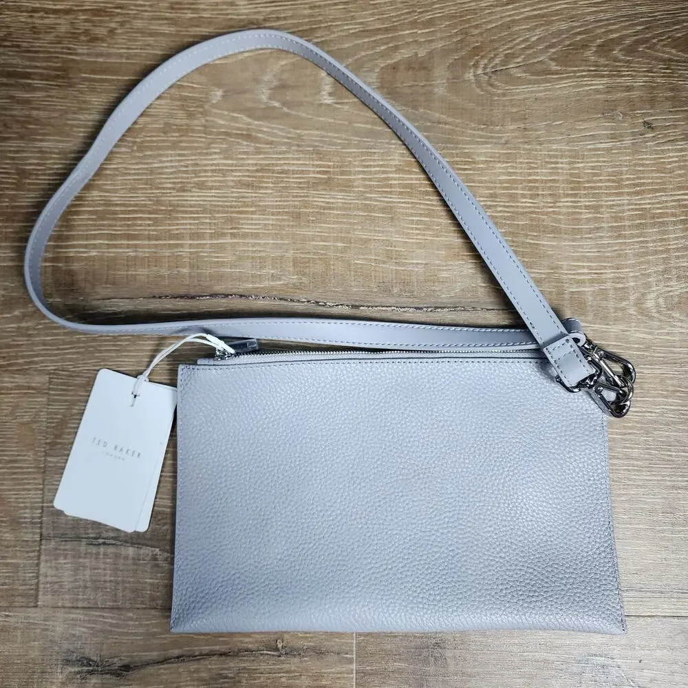 NWT Ted Baker London Pebble Leather Gray Clutch / Chain Crossbody